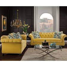 yellow tufted sofa and loveseat set