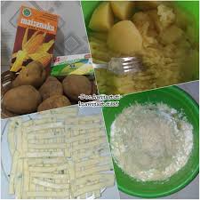 Rendam kentang bersama bawang putih, garam, merica bubuk, kaldu ayam bubuk, dan air es. Stik Kentang Keju Crispy