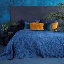 navy velvet bedspread with leaf design