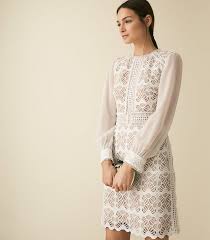 Aria White Geometric Lace Dress With Sheer Sleeves Reiss