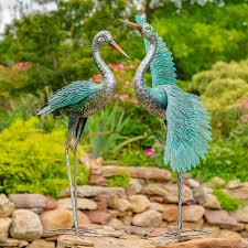 Teal Metallic Crane Garden Figurines