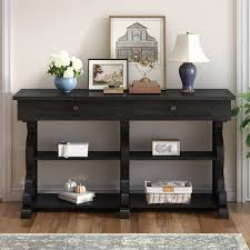 Retro 54 1 In Antique Black Rectangle Wood Console Table With Open Adjustable Shelves 2 Top Drawers 3 Exquisite Legs