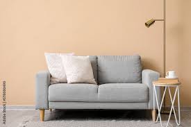 grey sofa with cushions l and table