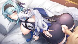 pineapp panda, eula (genshin impact), genshin impact, blue neckwear,  highres, 1boy, 1girl, all fours, anus, ass, bed sheet, bent over, blush,  breasts, breasts out, cape, censored, clothed female nude male, clothed sex,