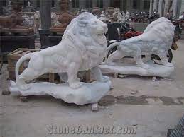 hand carved white marble lion statue