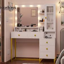 large vanity desk with storage shelves