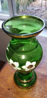 Vintage Green Glass Hand Painted Vase