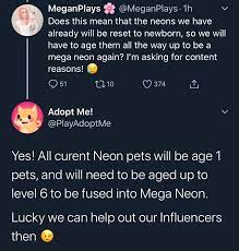 Последние твиты от adopt me! Twitter à¤ªà¤° Nova Adopt Me Posted To Make A Mega Neon You Have To Age Your Nrf Legend From Level 1 6 That Is Really Dumb Please We Need To Stop This It