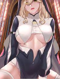 mmm (ji1945), agnes (counter:side), counter:side, highres, 1girl, blonde  hair, breast curtains, breasts, green eyes, groin, heterochromia, indoors,  large breasts, looking at viewer, nun, open mouth, solo, stained glass,  thighhighs, underboob, white ...