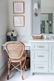 gray makeup vanity with gray marble top
