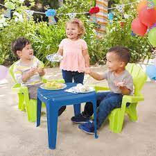 This plastic kids table and chairs can be used inside or outside and wipes clean with a damp cloth. Garden Table And Chairs Set Little Tikes