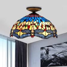Red White Dragonfly Lighting Fixture Tiffany Style 1 Bulb Multicolored Stained Glass Flush Mount Ceiling Light Beautifulhalo Com