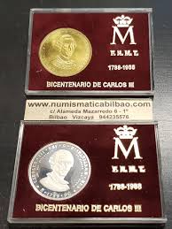 2 medallas x ESPAÑA FNMT 1988 BICENTENARIO DE CARLOS III Monedas de PLATA y  LATON tipo 2000 Pesetas @NO ESTUCHE@