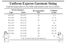 Size Chart For Uniform Express Products