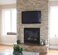stacked stone fireplace with