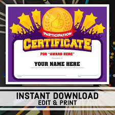 Participation Certificate Honorable Mention Award Editable Certificate Templates School Certificates Student Award Sports