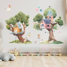 Cute House On A Big Tree Cartoon Wall