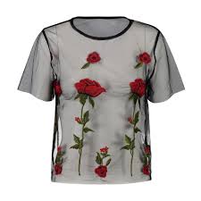 Sexy Embroidery Tshirt 2018 Fashion Embroidered Floral Mesh