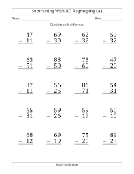 Two digit subtraction (no regrouping) download free printable subtraction worksheet. Large Print Digit Minus Subtraction With No Regrouping Regroup Worksheet 2digit Addition And For Grade 1 Excel Sheet Money Management First School Preschool Expenses Math Pdf Calamityjanetheshow