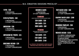 Price List B E Creative Designs