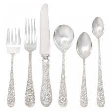 Antique sterling silverware and flatware, silver and silverplate sets. Antique Rose Repousse Complete Sterling Silver Flatware Set Patented