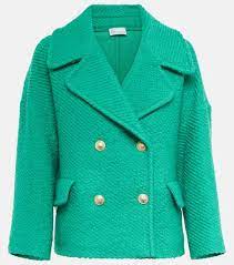 Wool Blend Boucle Jacket In Green Red
