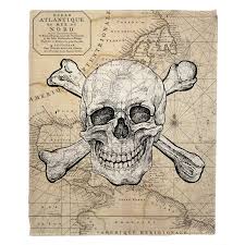 Skull Crossbones Old World Nautical Chart Blanket