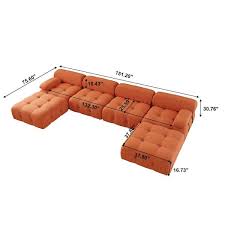 Magic Home 151 2 In 6 Wide Seats Teddy Velvet Moveable Sectional Sofa Couch With 2 Ottomans Orange