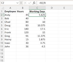 excel convert hours to 8 hour workdays