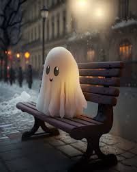 cute ghost sitting on bench art print