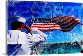 Motivational Grunge Poster Respect A Sailor Salutes The American Flag Large Solid Faced Canvas Wall Art Print Great Big Canvas