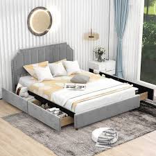 gray wood frame queen size platform bed