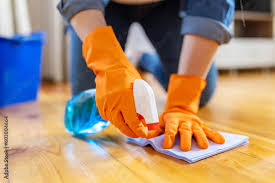 woman in rubber gloves wiping up dust