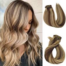 Blonde streaks in dark hair add contrast and interest without the commitment. Amazon Com Straight Hair Extensions Human Hair Blonde Highlights Clip In Extensions 14 100grams Full Thick Medium Brown With Blonde Balayage Remy Clip On Hair Extensions Beauty