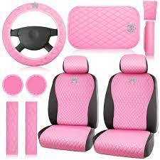 Tallew Pink Car Accessories Set Car Seat Covers Full Set Steering Wheel  Cover Headrest Cover Center Console Pad Cup Cup Holders Seat Belt Pads Gear  Cover for Women Girl Car Interior Decor (
