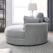 Magic Home 51 In Swivel Accent Barrel Sofa Linen Fabric Lounge Club Big Round Chair With Storage Ottoman And Pillows Light Gray