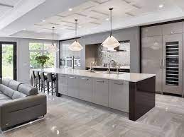 Grey Cabinets And Kitchen Island Tiled