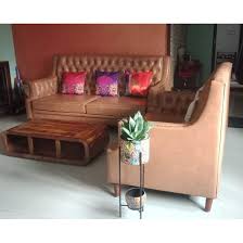 brown plain leather sofa set