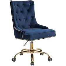 This chair is upholstered in velvet for a glam look and is available in a variety of solid hues to go with your existing color palette. Navy Desk Chair With Gold Base Gold Office Chair Velvet Office Chair Blue Office Decor