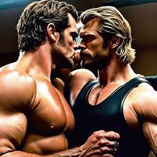 Muscle men kissing