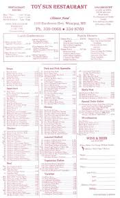 menu of toy sun restaurant in winnipeg