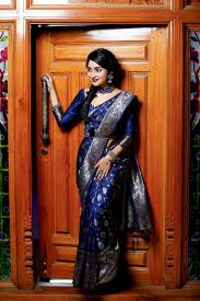 navy blue color banarasi silk saree