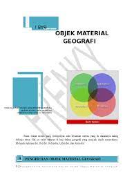 Objek material adalah objek studi yang berkaitan dengan lapisan bumi atau geosfer, yang meliputi: Objek Material Geografi
