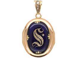 blue enamel rose diamond oval locket