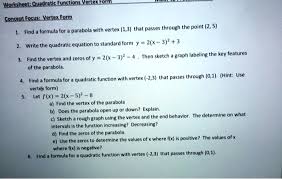 Worksheet Quadratic Functions Vertex