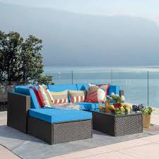 Tozey 5 Pieces Wicker Patio Conversation Outdoor Rattan Sofa Set With Glass Coffee Table And Blue Cushion