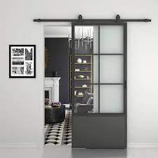 Calhome 36 In X 84 In 3 4 Lites Clear Glass Black Steel Frame Interior Sliding Barn Door With Hardware Kit And Door Handle