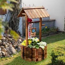 Outdoor Wishing Well Wooden Planter With Hanging Bucket For Garden Patio Yard Decor Upgrade Reinforced Base