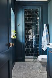 Shower With Square Glossy Blue Tiles