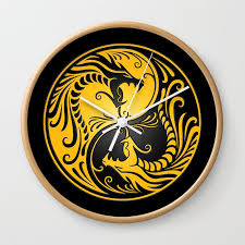 black yin yang dragons wall clock